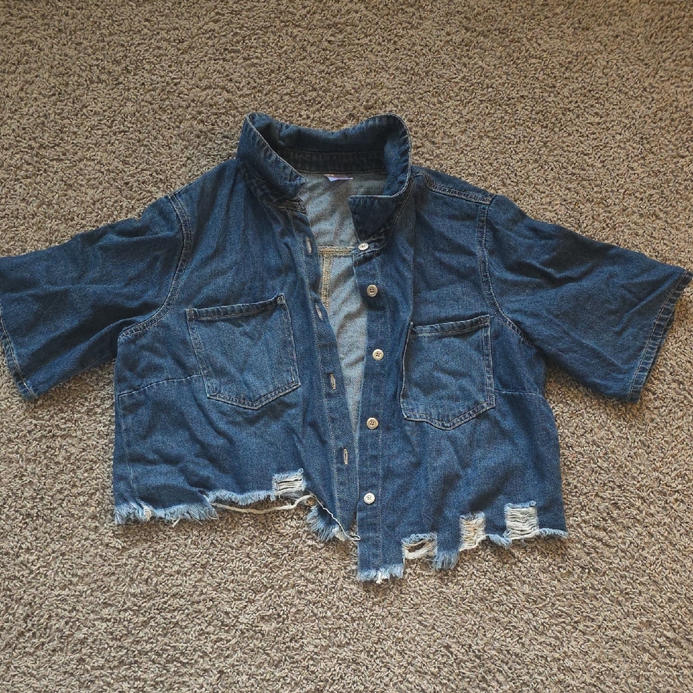 No Boundaries Dark Blue Cropped Denim Jacket
